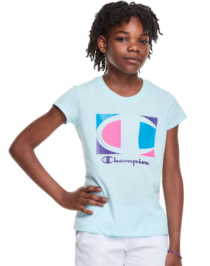 Champion Pige T-Shirts LyseBlå - Classic Graphic Colorblock Logo - Danmark JAO-704213